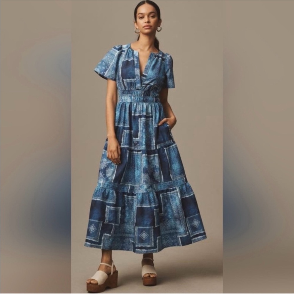 Anthropologie The Somerset Maxi Dress Bandana Patchwork Edition Print Blue XS
